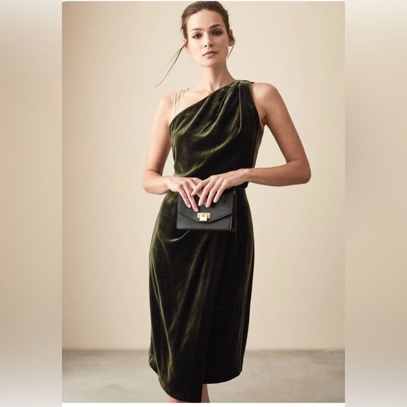 Reiss Dresses & Skirts - Reiss EDEN Green Velvet One Shoulder Evening Cocktail Midi Dress Size 8